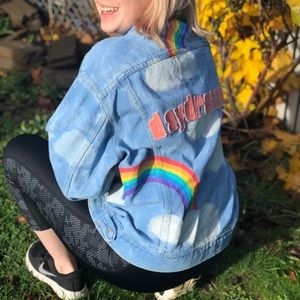 Hand Painted Jean Jacket Rainbow Dreamer Pride XL